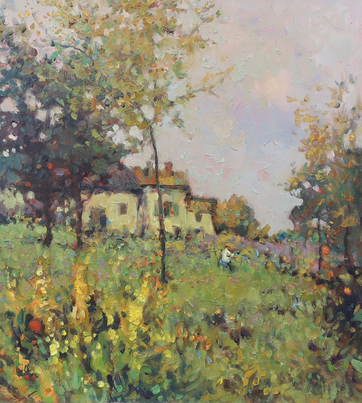 Impressionist oil on board, Landscape with cottage, indistinctly signed lower left, 34 x 32cm                                                                                                                               