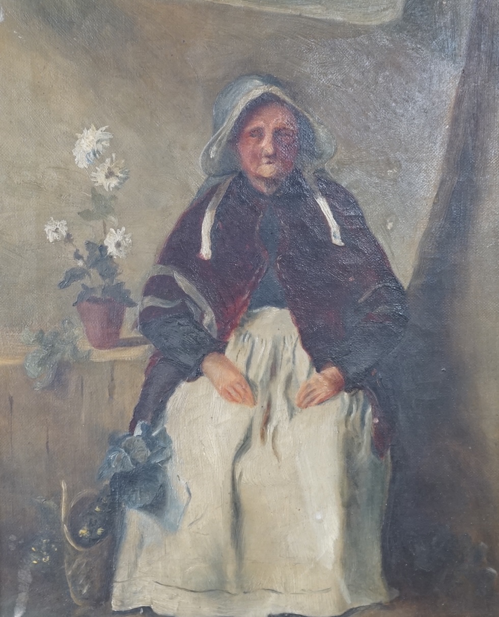 20th century school, oil on canvas, Portrait of a seated Flemish elderly lady in an interior, 29 x 24cm, gilt framed. Condition - fair to good                                                                              