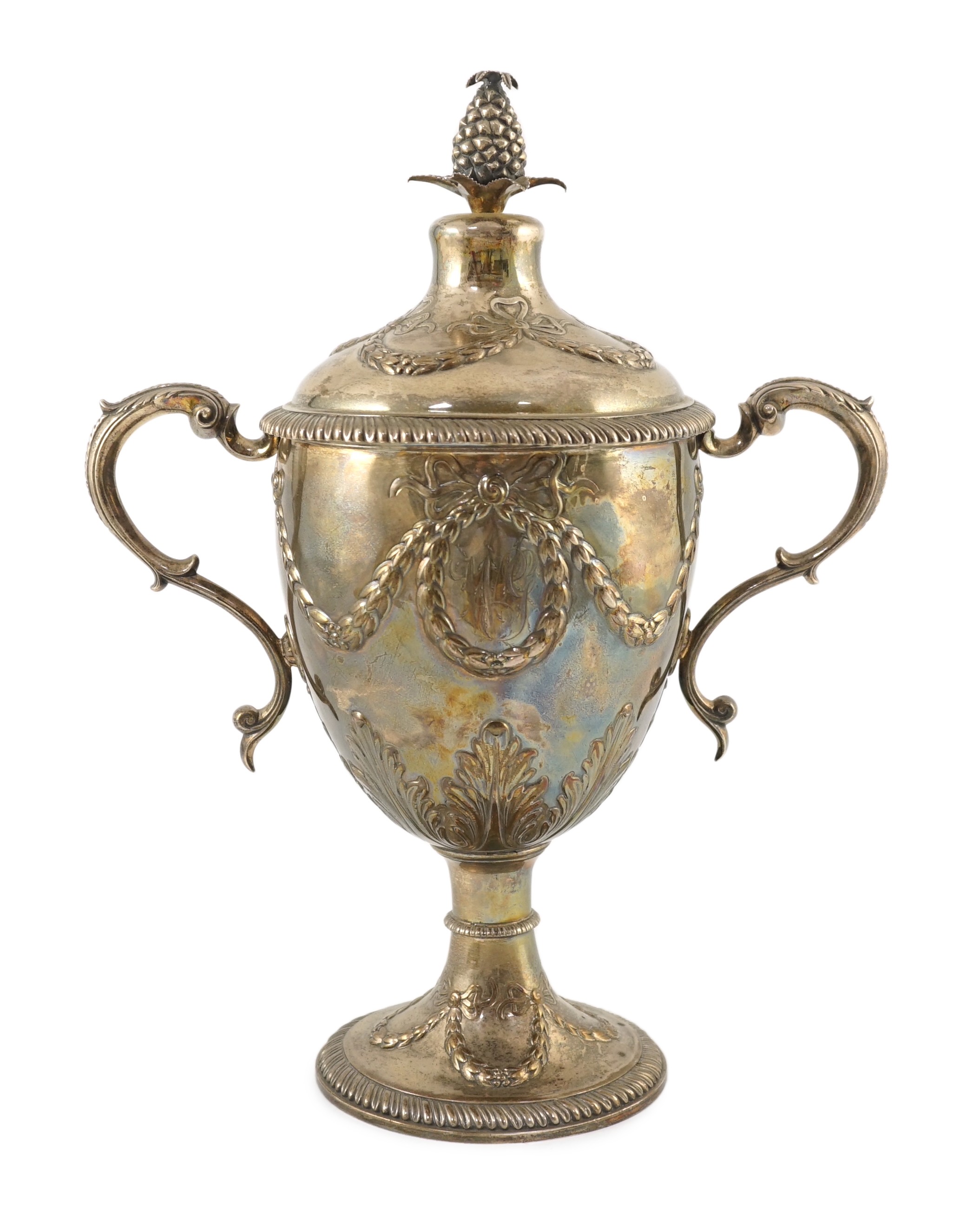 A George III silver presentation two handled vase shaped pedestal cup and cover by Richard Gardner                                                                                                                          