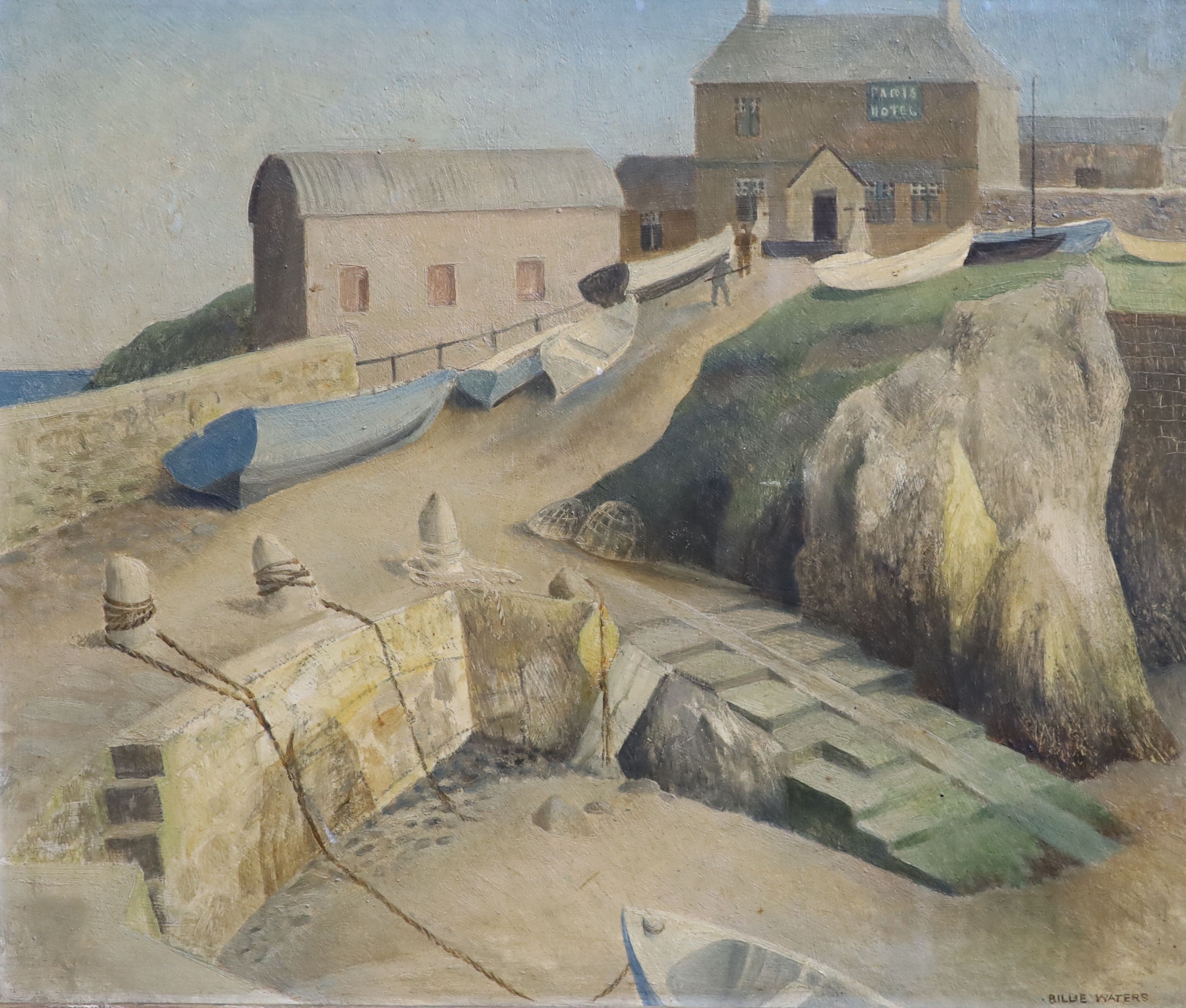 Billie Waters (1896-1979), Fishing Village with the Paris Hotel, Oil on board, 37 x 44cm.                                                                                                                                   