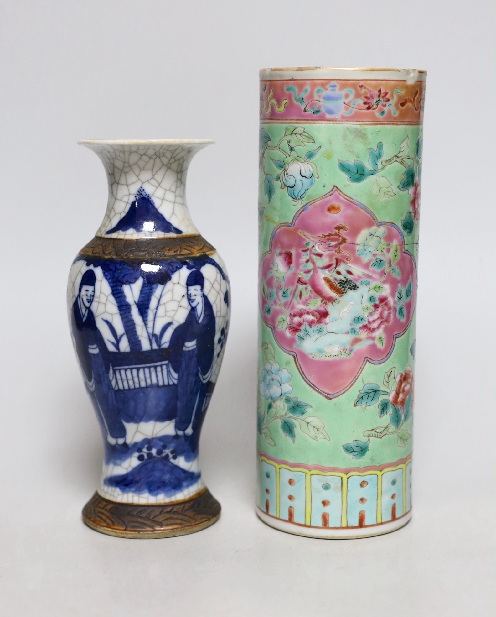 A Chinese Straits green ground sleeve vase and a Chinese blue and white crackle glaze vase, sleeve vase 23cms high                                                                                                          