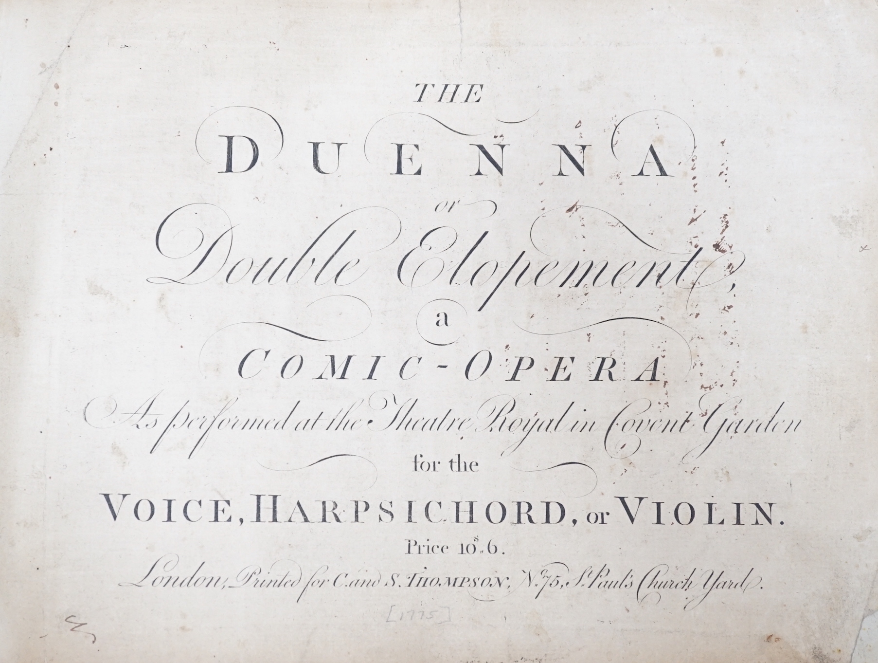 Book: Sheridan Duenna , a comic opera for the voice, Harpsichord and violin                                                                                                                                                 