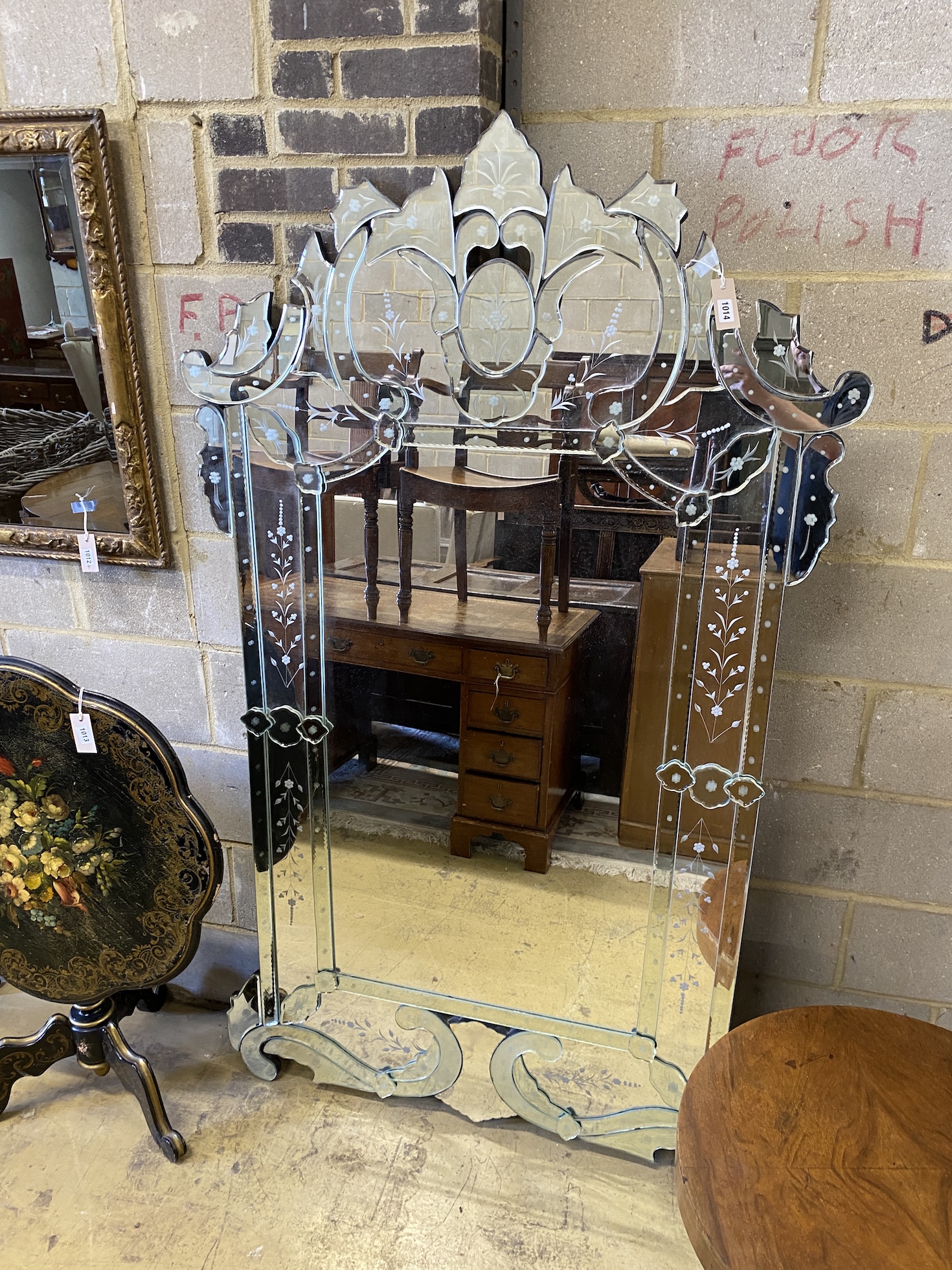 A large Venetian style etched wall mirror, width 108cm, height 182cm                                                                                                                                                        