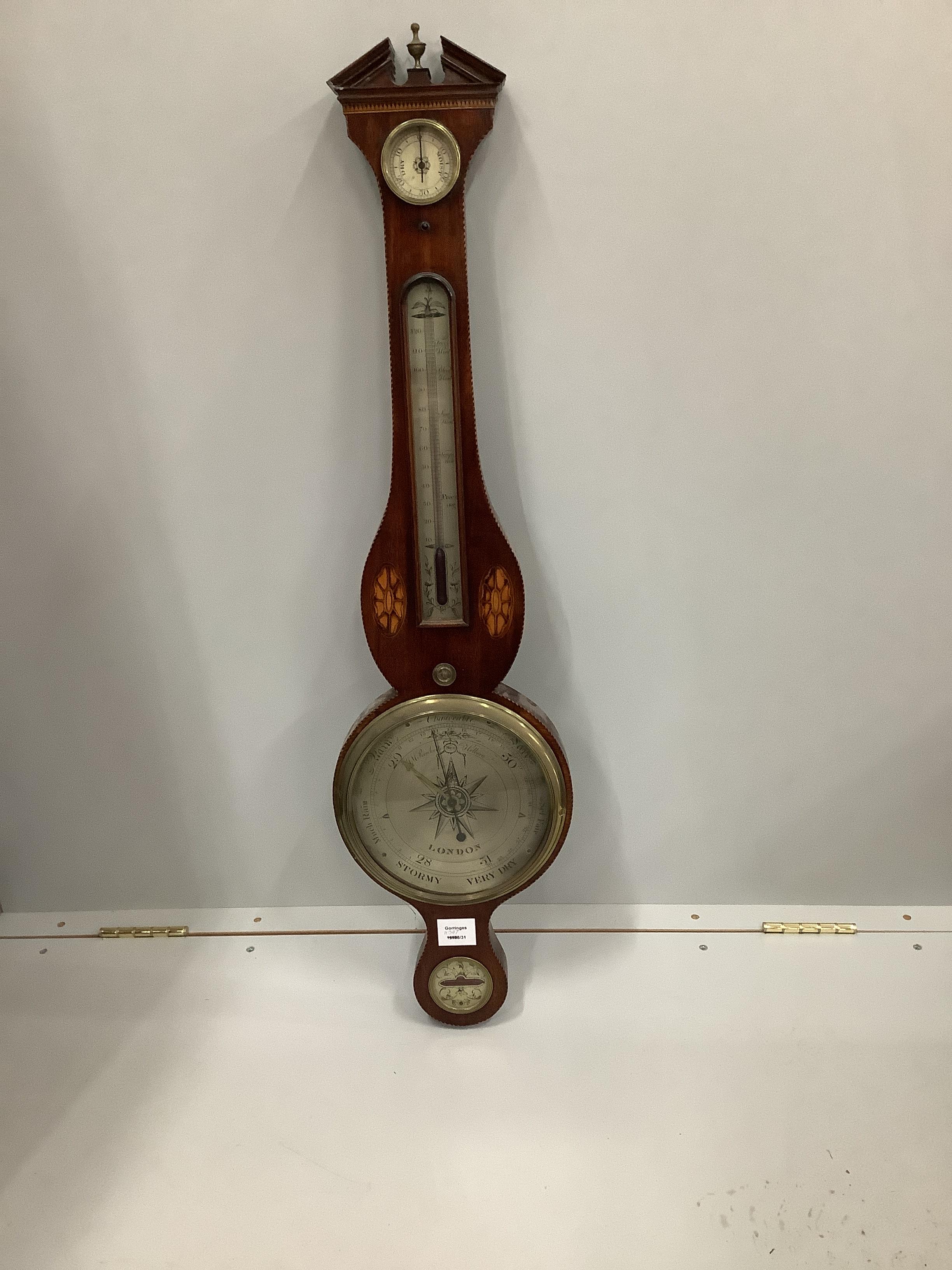 J.M. Ronketti of Holborn. A late George III inlaid mahogany banjo barometer and thermometer, height 100cm                                                                                                                   